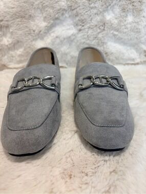 Women’s Gray Faux Suede Loafers with Chain Detail